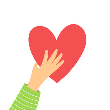 Hand holding a heart. Concept of love, peace and kindness. Flat cartoon vector illustration.