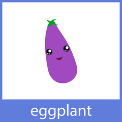 Eggplant cute vegetable. English vocabulary word card.