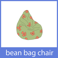 Been bag chair. Cushioned furniture. English vocabulary word card.