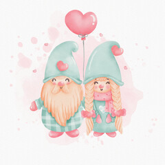 Watercolor Valentine's Gnome, Valentine's day Gnome. Vector illustration.