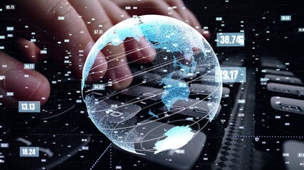 Man working on computer with graphic of mathematics coding modernization showing concept computer...