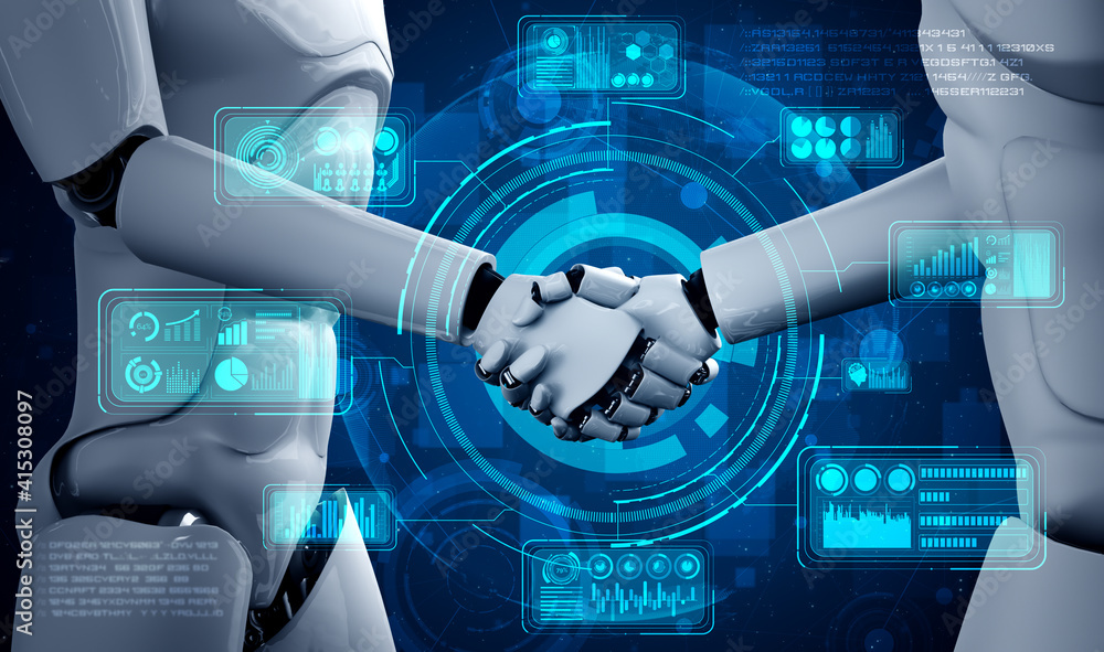Aufkleber 3d rendering humanoid robot handshake to collaborate future technology development by ai thinking br