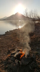 with mountain, fire, smock