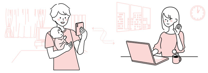 仕事中の母親と通信する父親と赤ちゃん