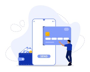Vector Illustration, Money transfer to e-wallet Concept, Showing the activity of entrepreneurs shopping using e wallet, Suitable for landing page, UI, web, App intro card, editorial, flyer, and banner