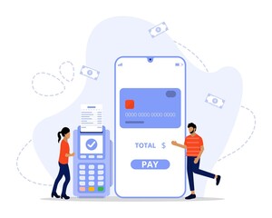 Vector Illustration, Mobile Payment Concept, 
Showing how user pay transaction and withdrawal using mobile phone, Suitable for landing page, ui, web, App intro card, editorial, flyer, and banner