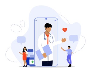 Vector Illustration, Online Doctor Concept, Showing online healthcare consultation using a mobile apps, Suitable for landing page, UI, web, App intro card, editorial, flyer,and banner