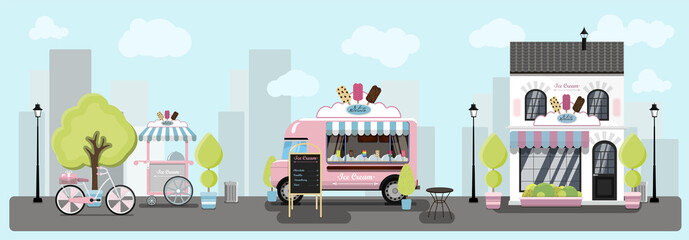 A big set of ice cream. Ice cream parlour, street ice cream cart, food track selling fruit ice. Vector flat illustration of a pastry shop on wheels in flat style. A city street with houses, cafes and