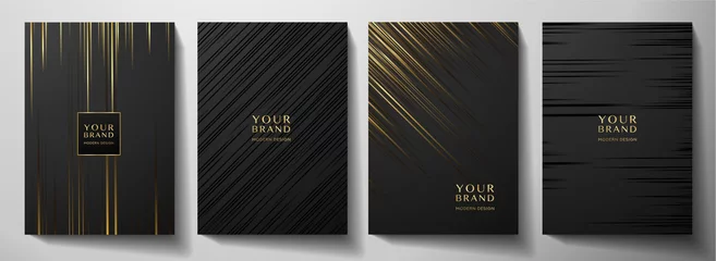 Fotobehang Modern black stripe cover design set. Luxury creative gold dynamic diagonal line pattern. Formal premium vector background for business brochure, poster, notebook, menu template  © Shiny777