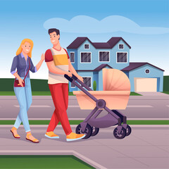 Fototapeta na wymiar Couple with stroller walking in suburban cityscape scene. Modern town background. Young happy man and woman with baby vector illustration. Horizontal outdoor recreation scene