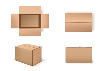 Brown cardboard boxes set. Carton package 3d mockup design vector illustration. Open, closed delivery parcels on white background. Top and side view on empty cargo crates