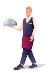 Waiter with dish in restaurant. Professional male worker with food on plate vector illustration. Young happy guy in costume walking with meal on tray isolated on white background