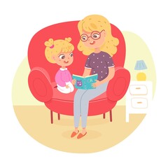 Mother reading book to daughter at home. Happy clever child learning activity vector illustration. Woman spending time together with little kid, family sitting in armchair indoor