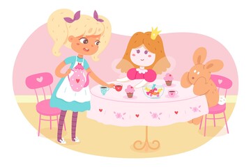 Girl drinking tea with toys at home. Little child playing game indoor vector illustration. Hapy kid, doll and rabbit having tea party at table with cups, teapot, cakes and teapot