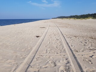 Car wheel tracks on a sandy beach