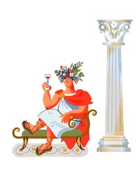 Ancient Roman empire man with glass of wine. Rome history and culture vector illustration. Young patrician in toga and sandals sitting and drinking on white background with column