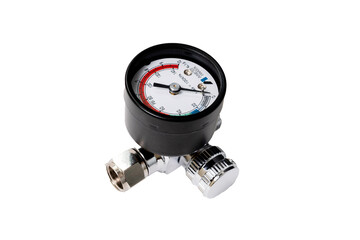 device is an air pressure regulator with a pressure gauge. isolated on a white background