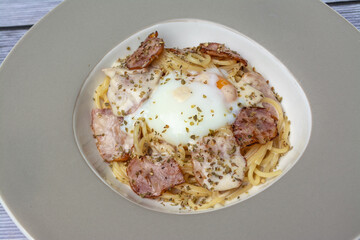 Italian food spaghetti carbonara that is decorated within plate beautifully and It is a popular food.