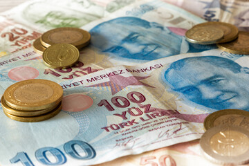 Turkish lira banknotes and coins.