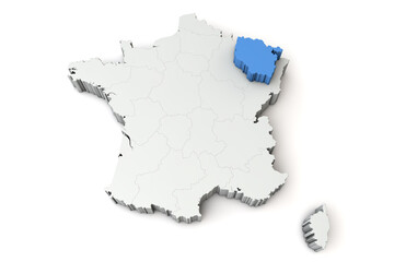 Map of France showing Lorraine region. 3D Rendering