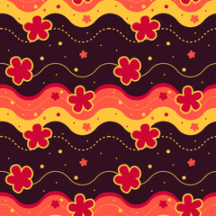 Seamless brown background with red, yellow, and orange retro style flowers, and bold wavy lines. Vector illustration.