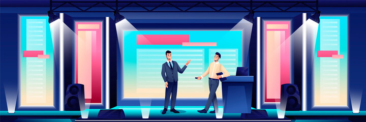 Business conference or seminar in auditorium hall. Speaker on podium giving presentation to audience vector illustration. Event or forum convention in modern center