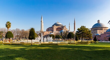 Hagia Sophia (Ayasofya). View from the Sultan Ahmet Park. Istanbul, Turkey.