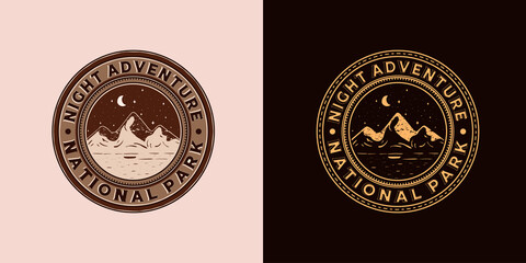 Mountain Adventure Logo Vector Illustration Design. Exclusive Vintage Style Outdoor Logo Design. Old Vintage Outdoor Adventure Logo Concept. Night, Lake and Mountain Logo Concept Inspiration