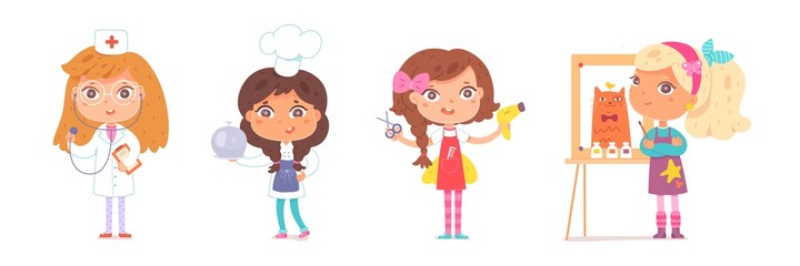 Kid professions set. Cute girls with professional occupations vector illustration. Children as doctor or nurse, cook or chef, hairdresser, artist with painting on white background