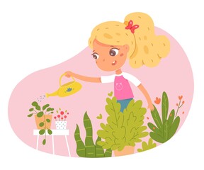 Girl helping water plants and flowers in garden. Kid helps watering pots with can at home vector illustration. Modern room with fresh green leaves interior design. Little helper
