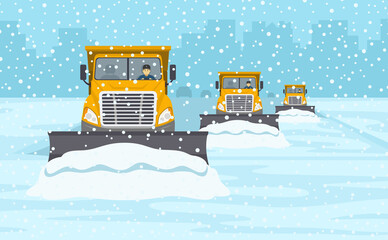 Yellow snow plow convoy clearing the highway. Winter driving conditions. Flat vector illustration template.