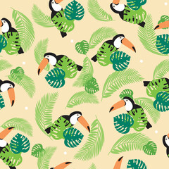 Obraz premium Seamless pattern with random toucan, flat vector stock illustration with repeating bird of paradise in leaves for printing on fabric, textile
