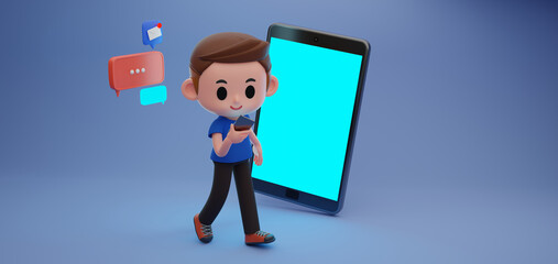 3D render illustration of cute teenager boy character using smartphone while walking with many message icons and giant mobile phone