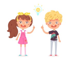 Boy and girl have idea, brainstorming, light bulb sign over heads. Vector character illustration of children gestures, emotions, types of moods.