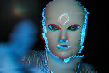 Portrait of futuristic robot. Image with glitch effect.