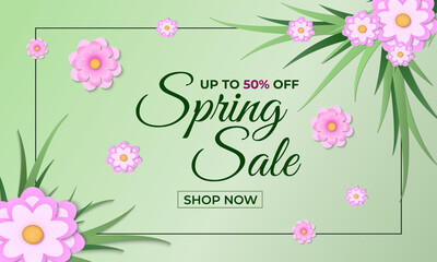 Floral spring design with pink flowewrs. Spring Sale template for banner, brochure, advertising.