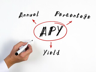  APY Annual Percentage Yield note. Hand holding marker for writing isolated on background.