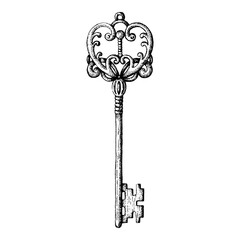 Old key. Black and white illustration on a white background