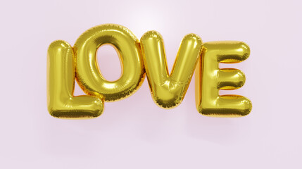 3d illustration of gold foil balloon letters spelling the word love on a plain pink background