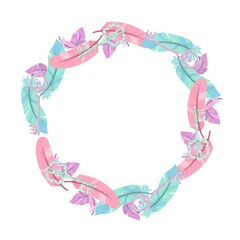 Frame made of bird feathers, beautiful keys . Pattern in pastel colors. Vector illustration isolated on white background.