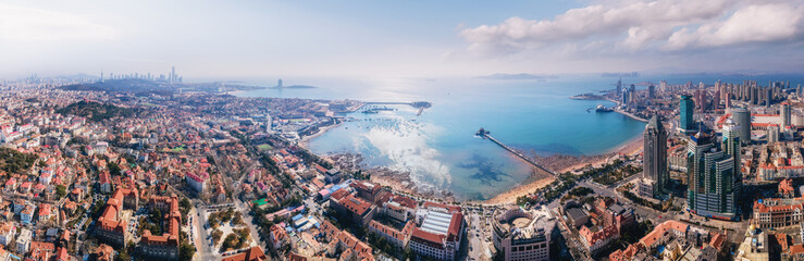 Aerial photography of Qingdao Bay panorama and sunset