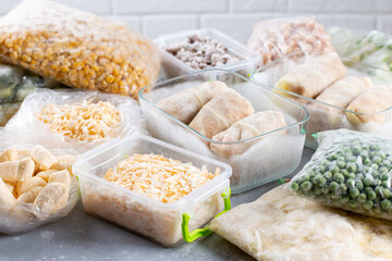 Set of various frozen products. Frozen food, vegetables and meat