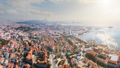Aerial photography of Qingdao Bay panorama and sunset