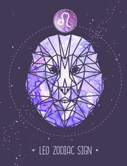 Modern magic witchcraft card with astrology Leo zodiac sign. Lion head in polygonal style