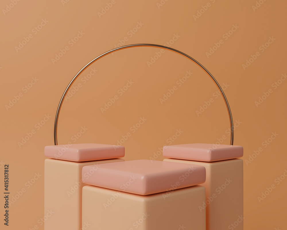 Poster 3d render three empty orange podiums for product mock up template.