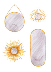 Watercolor illustrations of stylish mirrors for room decor. Boho and scandi style mirrors.