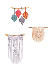 Watercolor Illustration interior boho scandi macrame. Interior decor made of cotton threads.