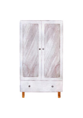 Drawing of a white Scandinavian wardrobe. Watercolor drawing of furniture for room decor.