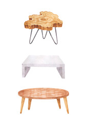 Watercolor illustration of coffee tables of different styles. Scandinavian wooden table.