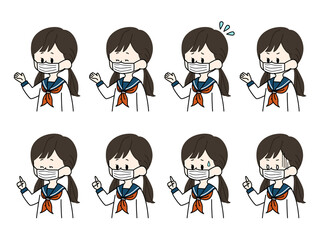 マスクをしている女子学生の表情セット